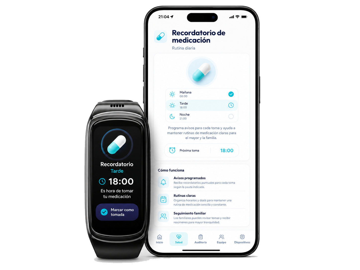 Recordatorio de medicación Geros en reloj y app